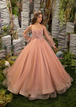 Blush Pink And Cappuccino Lace Tulle Pearls Flower Girl Dress